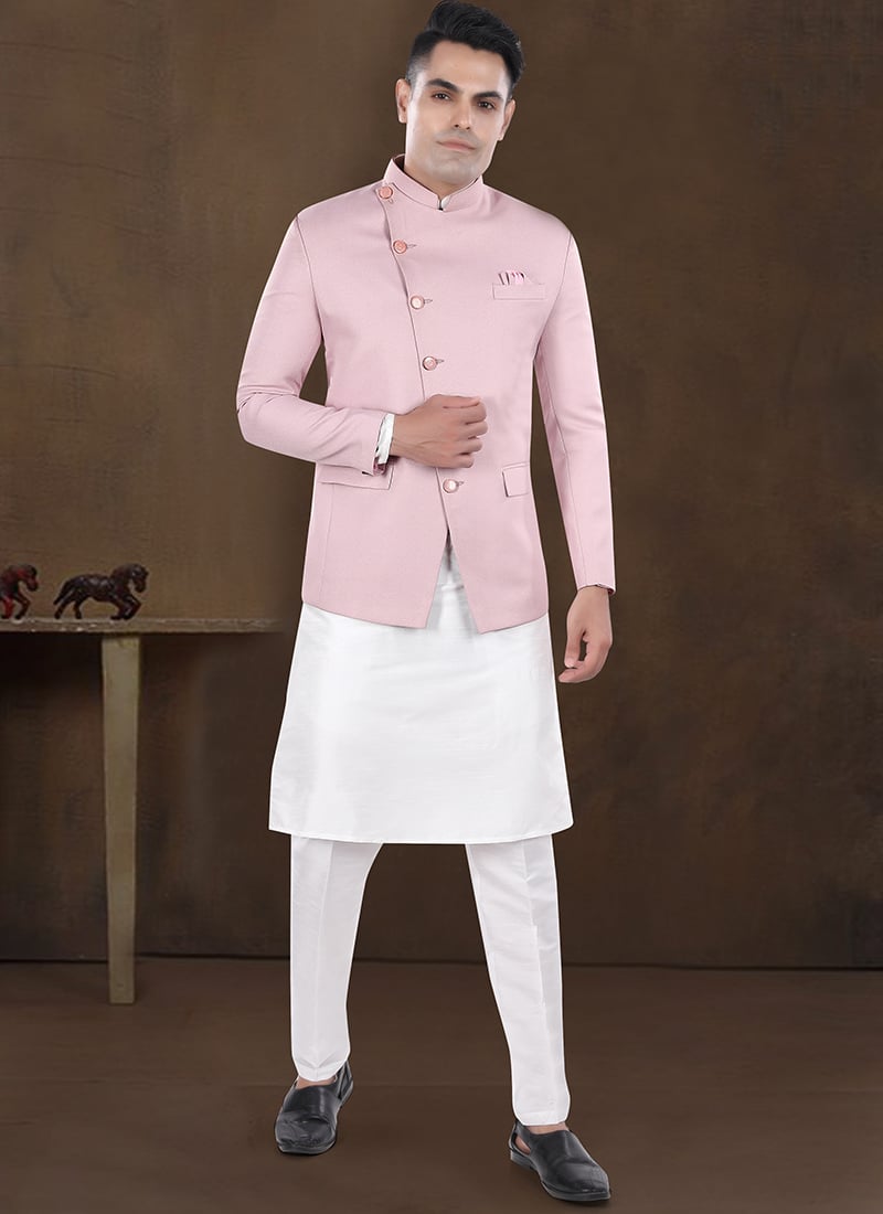 Off White Silk Kurta With Jodhpuri Pink Stylish Bandi Set