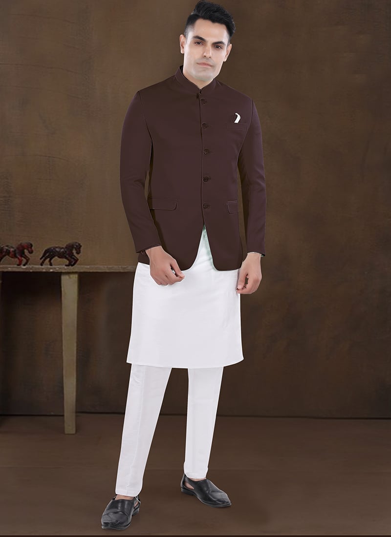 Off White Silk Kurta With Jodhpuri Wine Regal Bandi Set