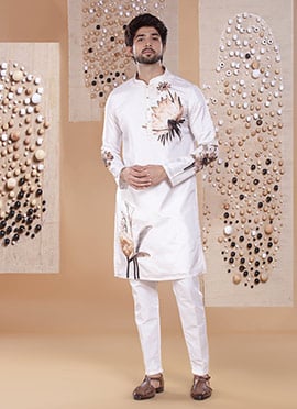 Off White Silk Printed Embroidered Kurta Pyjama