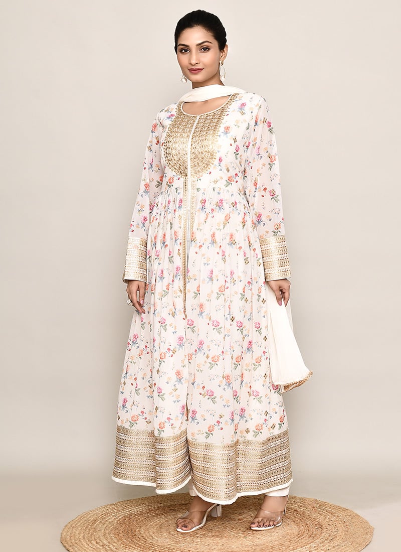 Off White Silk Printed Embroidered Sequins High Slit Anarkali Suit