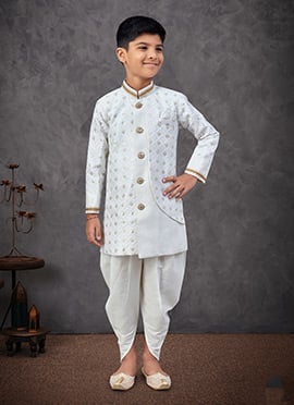 Off White Silk Sequins Embroidered Boys Indowestern Sherwani With Dhoti