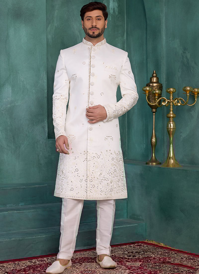 Off White Silk Sequins Embroidered Indowestern Sherwani Wedding Wear