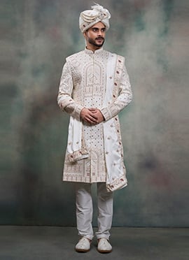 Off White Silk Sequins Embroidered Zari Thread Indowestern Sherwani