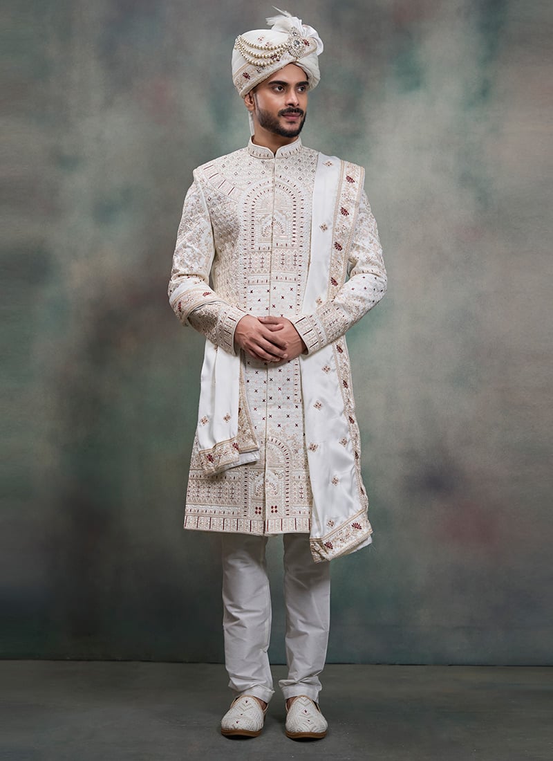 Off White Silk Sequins Embroidered Zari Thread Indowestern Sherwani Wedding Wear