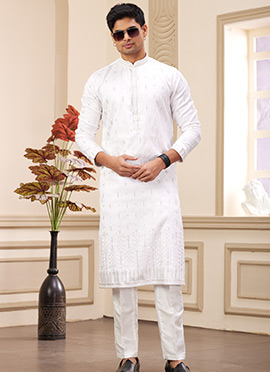 Off White Silk Sequins Kurta Pyjama