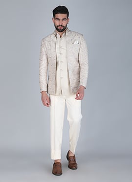 Off white Silk Thread Cutdana Hand Embroidered Jodhpuri Suit