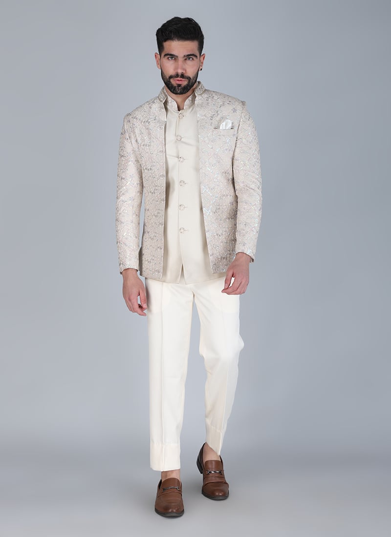 Off white Silk Thread Cutdana Hand Embroidered Jodhpuri Suit Wedding Wear