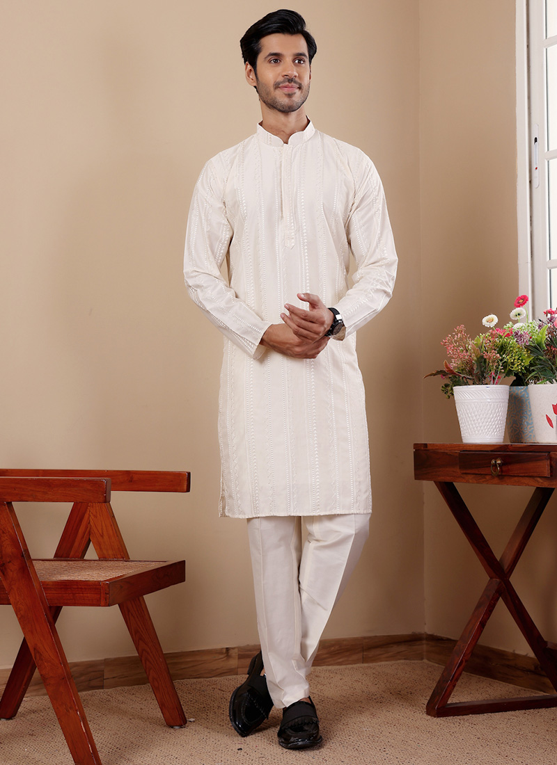 Off White Silk Thread Embroidered Kurta Pyjama Festive Wear