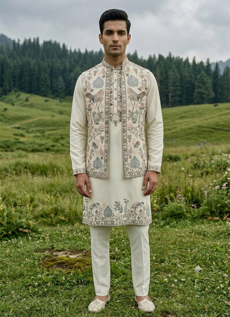 Off White Silk Thread Embroidered Sequins Bandi Set Festive Wear