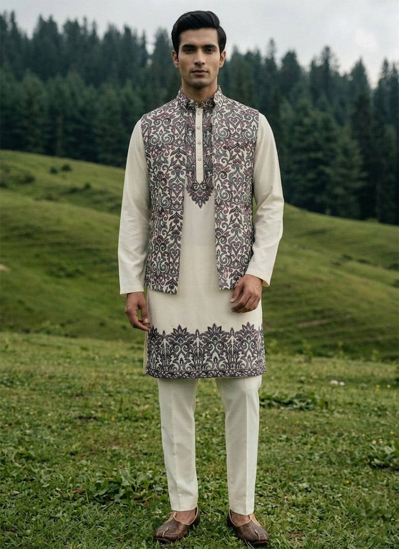 Off White Silk Thread Embroidered Sequins Bandi Set Festive Wear