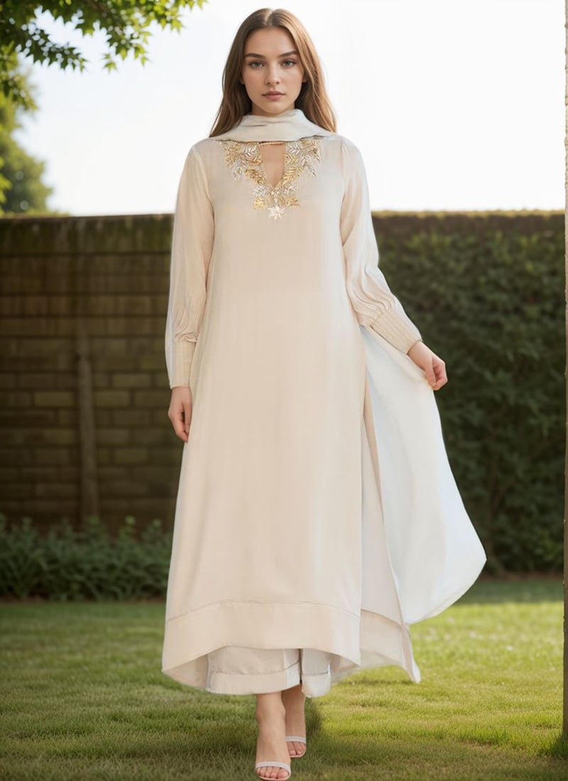 Off White Silk Zardosi Hand Embroidered Palazzo Suit Festive Wear