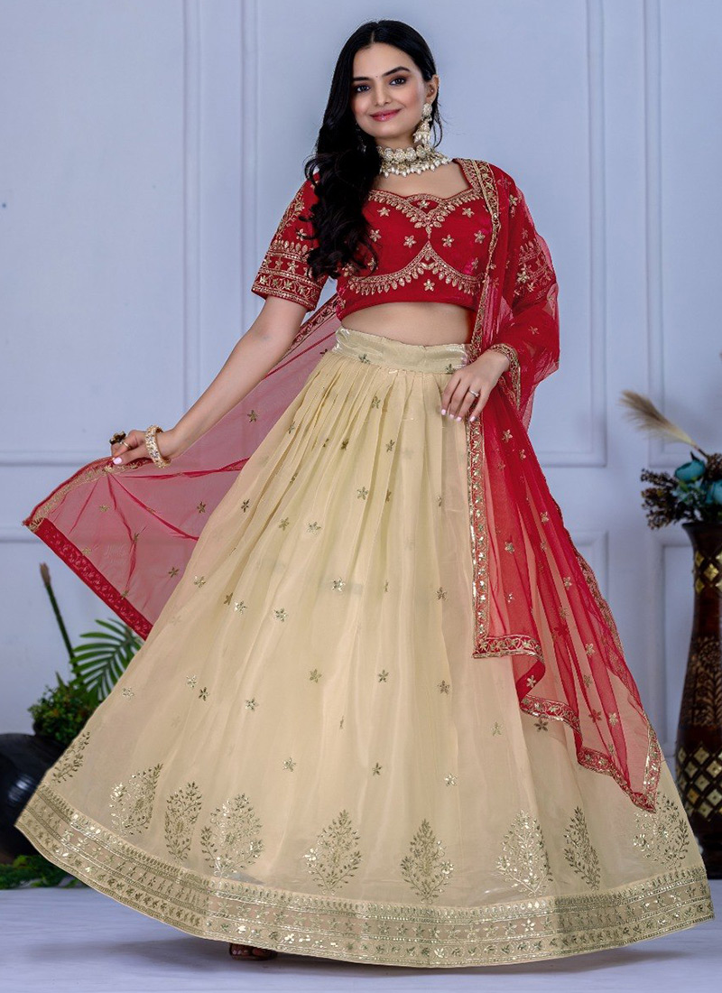 Off White Silk Zari Embroidered Sequins Lehenga Wedding Wear