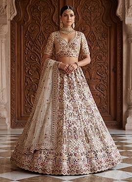 Off White Silk Zari Embroidered Sequins Stones Cutdana Work Lehenga