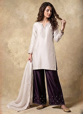 Off White Silk Zari Embroidered With Beads Work Semi Palazzo Suit Set
