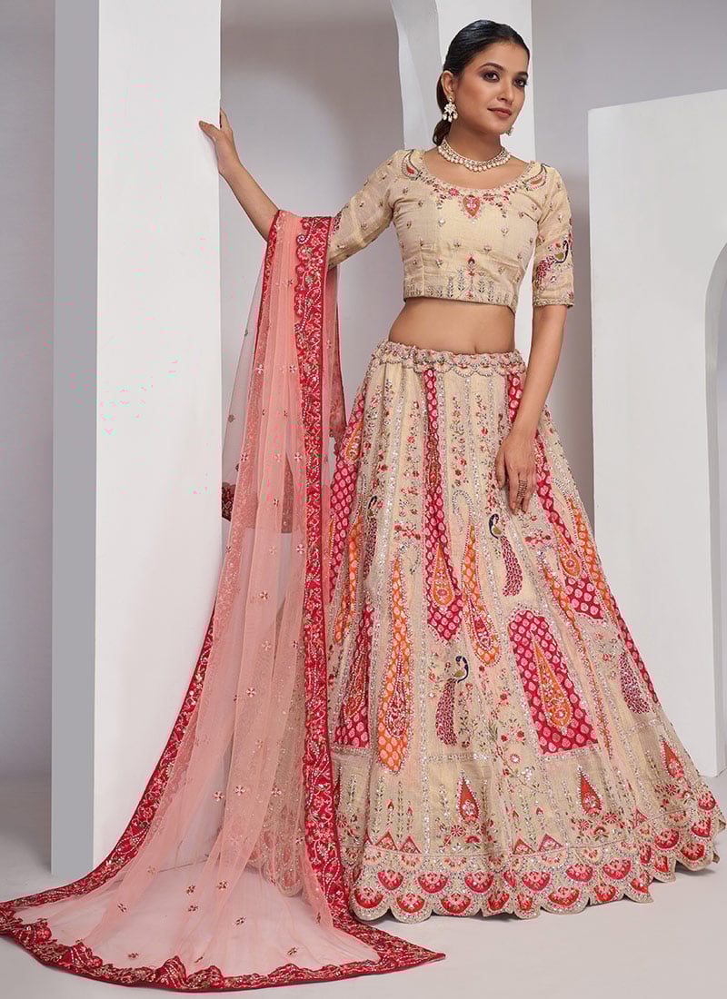Off White Silk Zari Wedding A Line Lehenga Embossed With Embroidery And Sequins Wedding Wear
