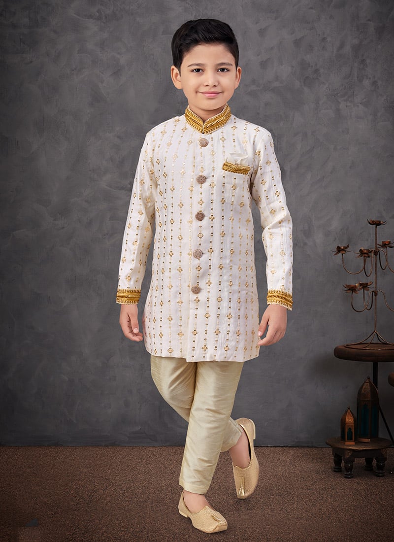 Off White Silk Zari Sequins Embroidered Boys Indowestern Sherwani Wedding Wear