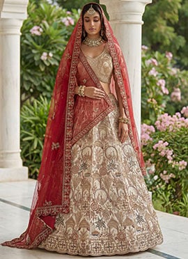 Off White Silk Zari Sequins Embroidered Stones Thread Umbrella Lehenga