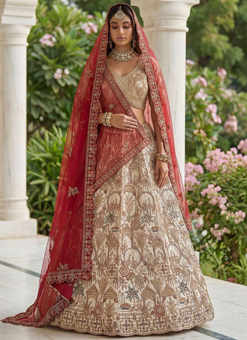 Off White Silk Zari Sequins Embroidered Stones Thread Umbrella Lehenga Wedding Wear