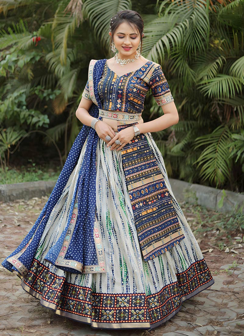 Off White Slub Cotton Thread Shibori Digital Print Chaniya Choli