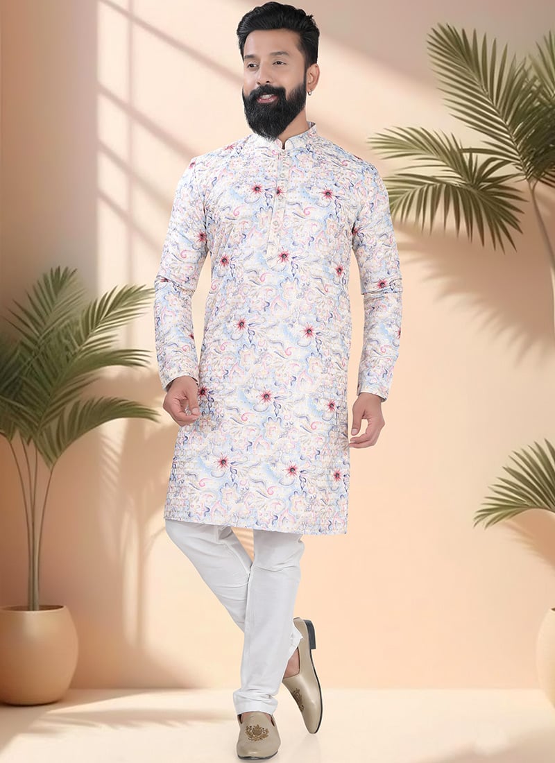 Off White Soft Cotton Embroidered Sequins And Printed Kurta Pyjama