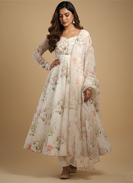 Off White Soft Organza Silk Printed Anarkali Suit