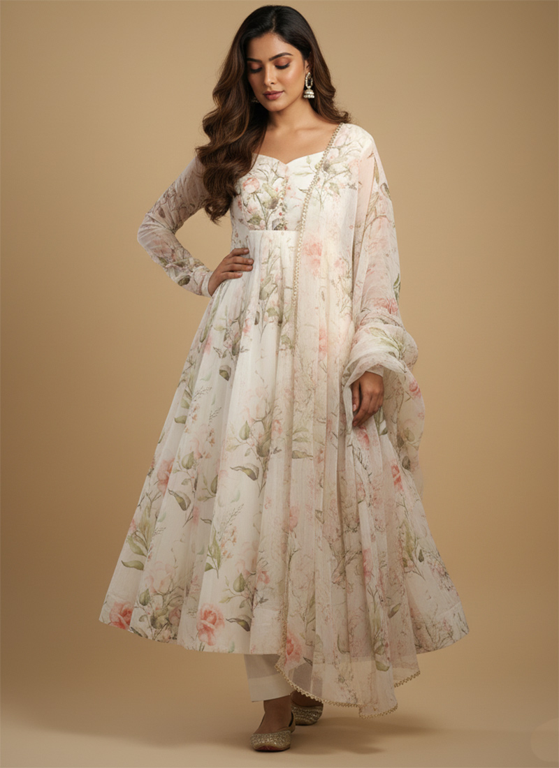 Off White Soft Organza Silk Printed Anarkali Suit After Six Wear