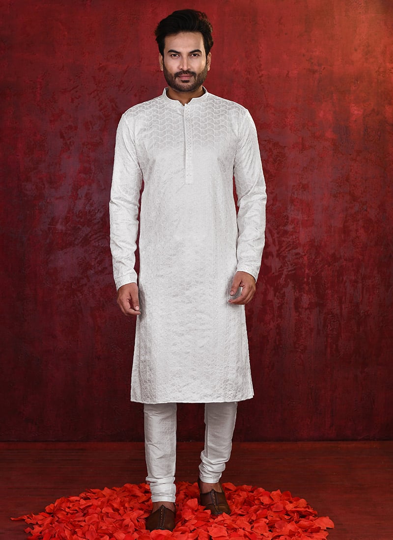 Off White Soft Rayon Lucknowi Chikankari Kurta Pyjama For Men Festive Wear