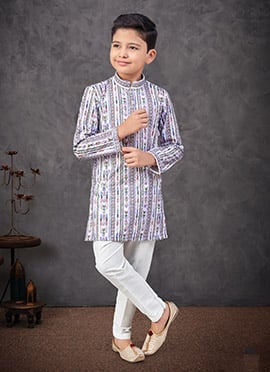 Off White Soft Rayon Printed And Embroidered Boys Kurta Pyjama