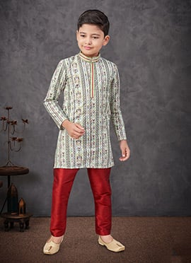 Off White Soft Rayon Printed And Embroidered Boys Kurta Pyjama