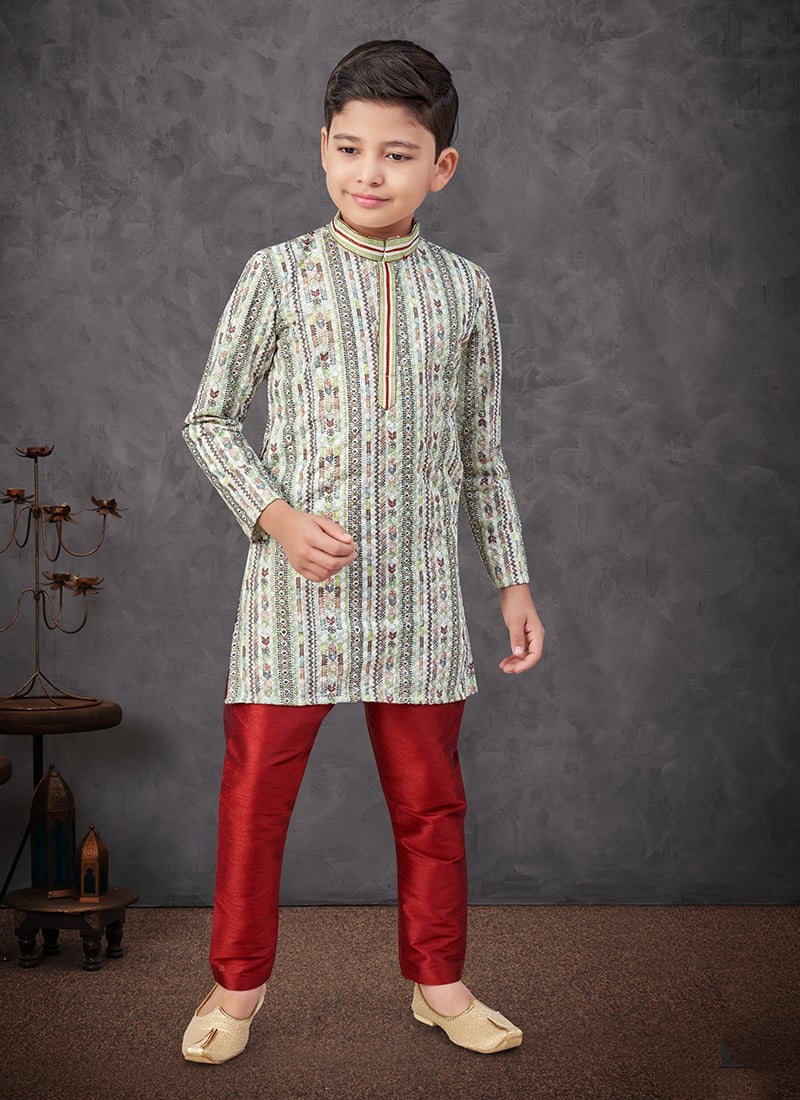 Off White Soft Rayon Printed And Embroidered Boys Kurta Pyjama