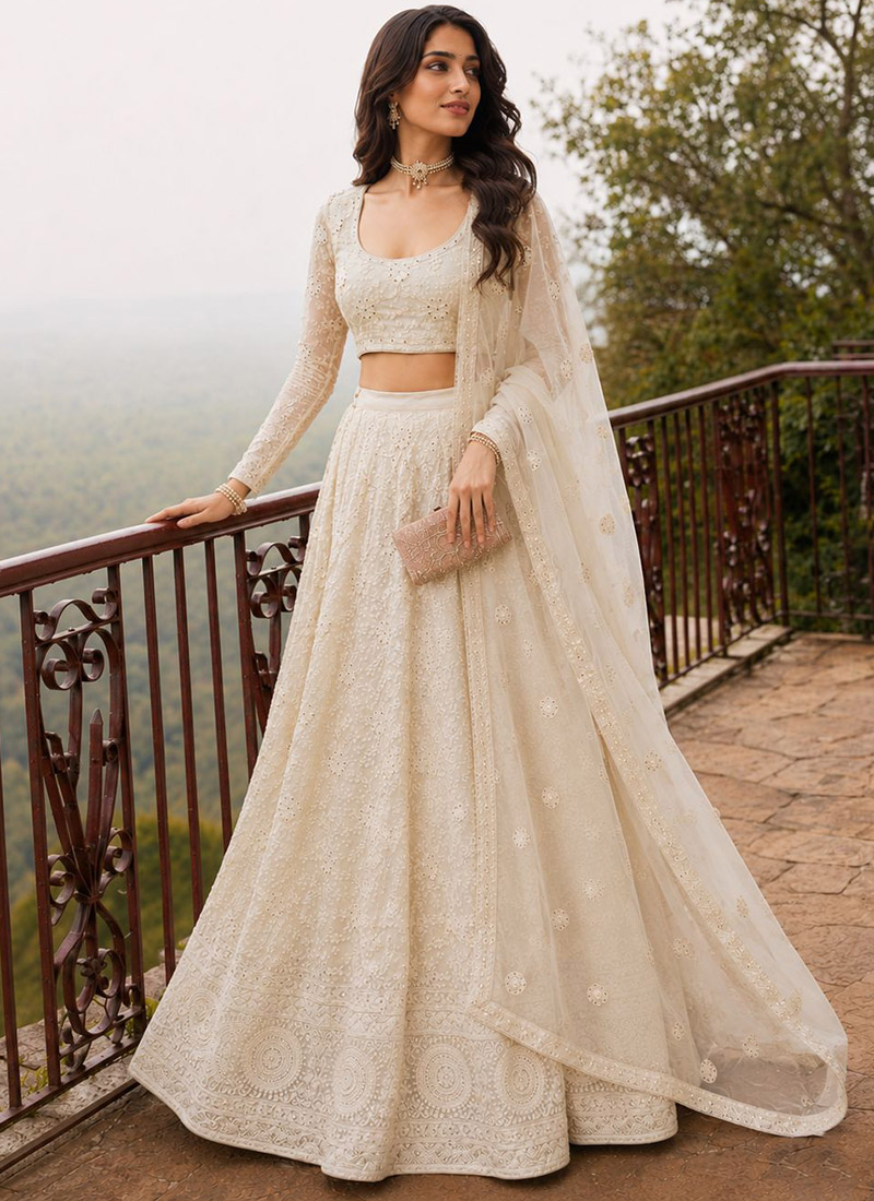 Off White Thread Embroidered Georgette Lehenga Wedding Wear