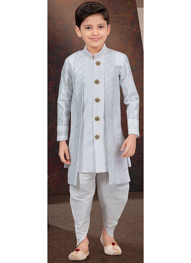 Off White Thread Sequins Kids Boys Indowestern Sherwani Wedding Wear
