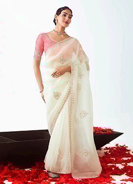 Off White Tissue Embroidered Sequins Saree