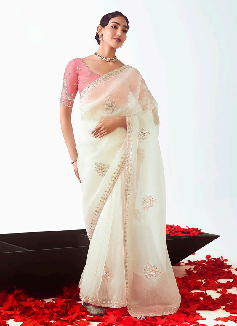 Off White Tissue Embroidered Sequins Saree