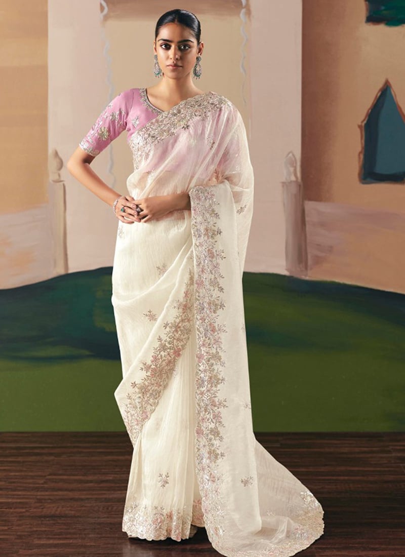 Off White Tissue Silk Zari Embroidered Sequins Saree Festive Wear