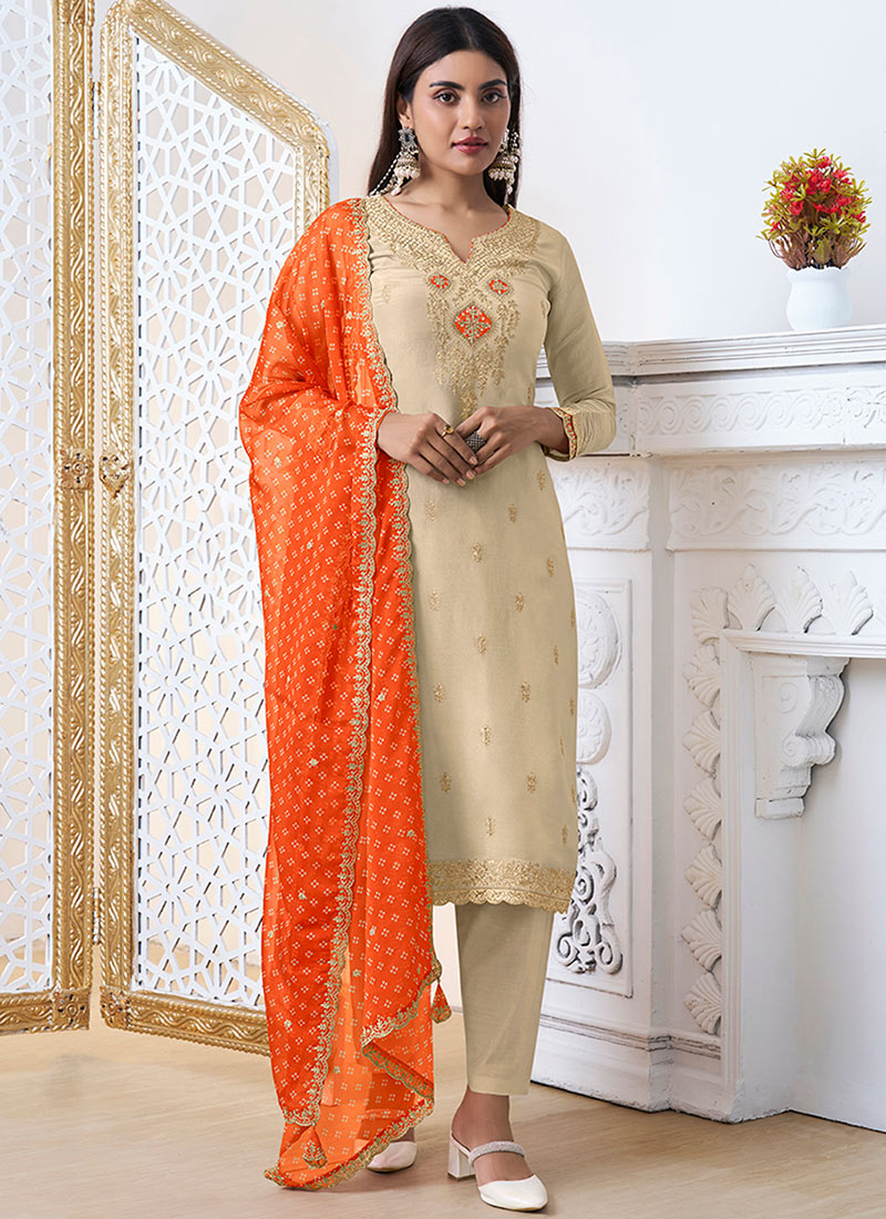 Off White Tissue Straight Pant Suit With Bandhini Print Dupatta