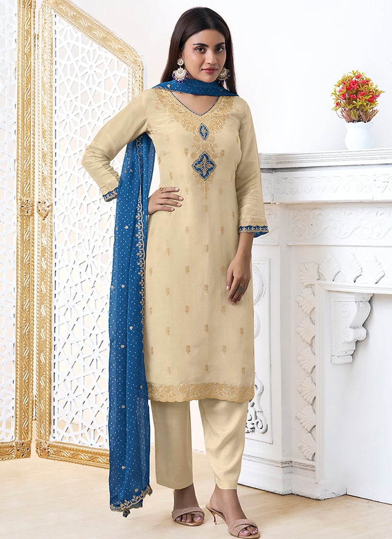 Off White Tissue Straight Pant Suit With Bandhini Print Dupatta Festive Wear