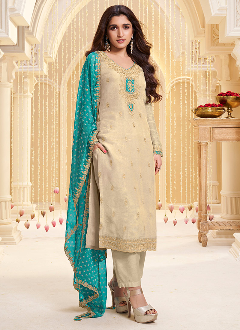 Off White Tissue Straight Pant Suit With Bandhini Print Dupatta