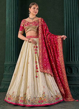 Off White Tissue Zari Embroidered Bandhej Print Lehenga