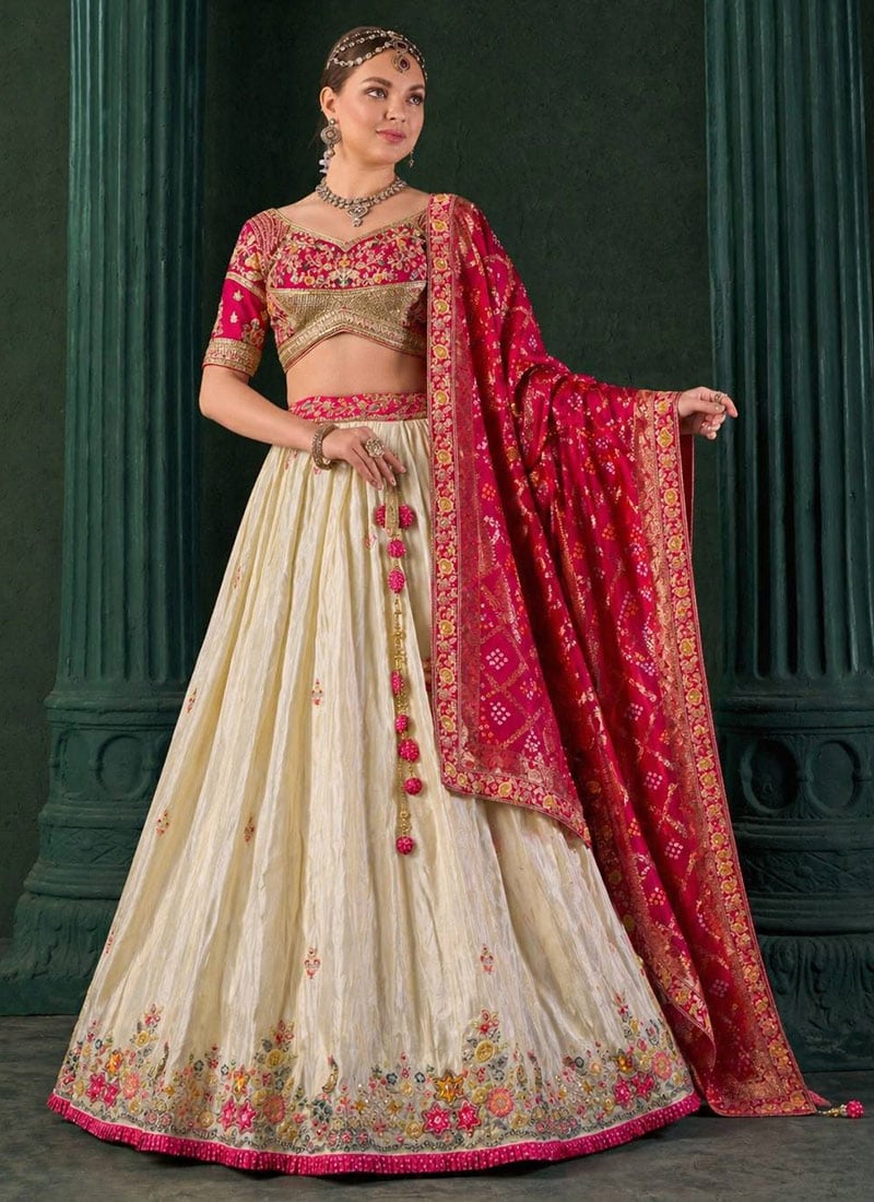 Off White Tissue Zari Embroidered Bandhej Print Lehenga Wedding Wear