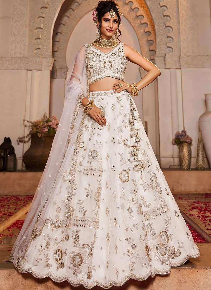 Off White Tissue Zarkan Embroidered Sequins With Stone Work Lehenga Wedding Wear