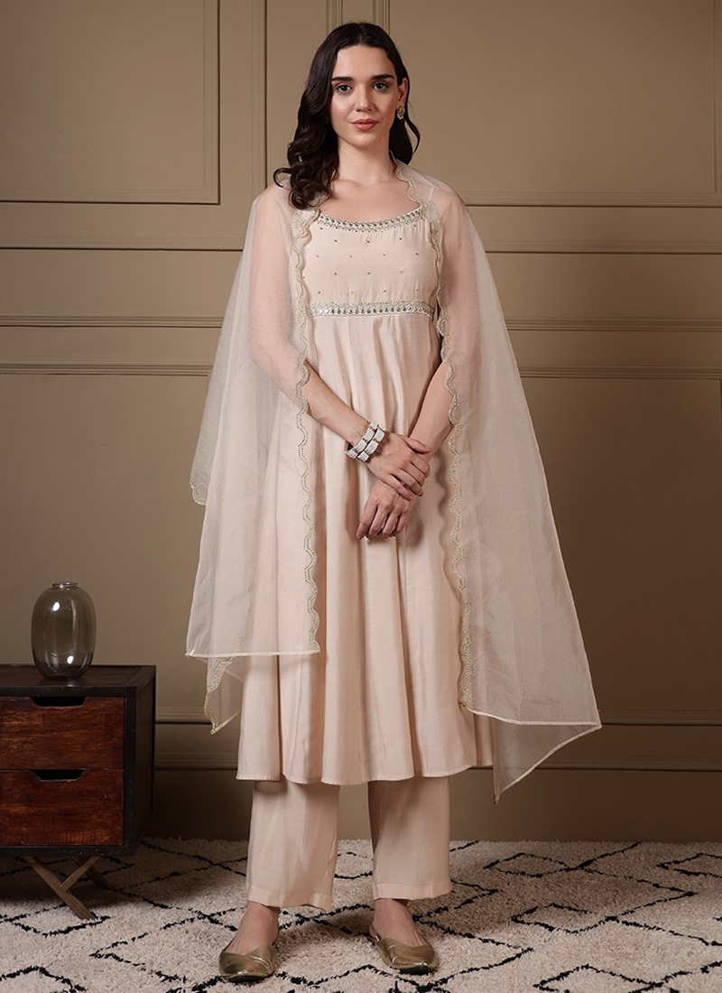 Off White Viscose Chanderi Embroidered Anarkali Suit Festive Wear