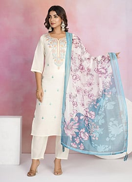 Off White Viscose Chanderi Embroidered Straight Pant Suit With Digital Print Dupatta