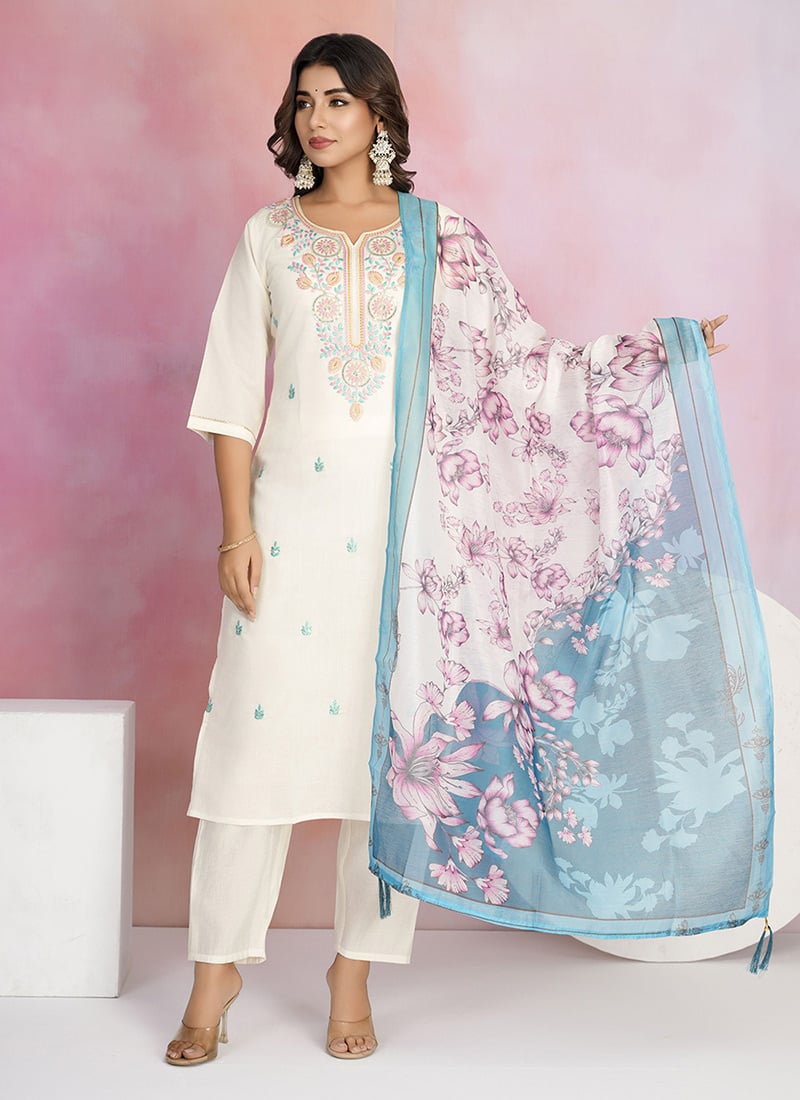 Off White Viscose Chanderi Embroidered Straight Pant Suit With Digital Print Dupatta After Six Wear