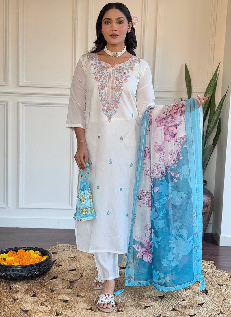 Off White Viscose Chanderi Embroidered Straight Pant Suit With Printed Dupatta