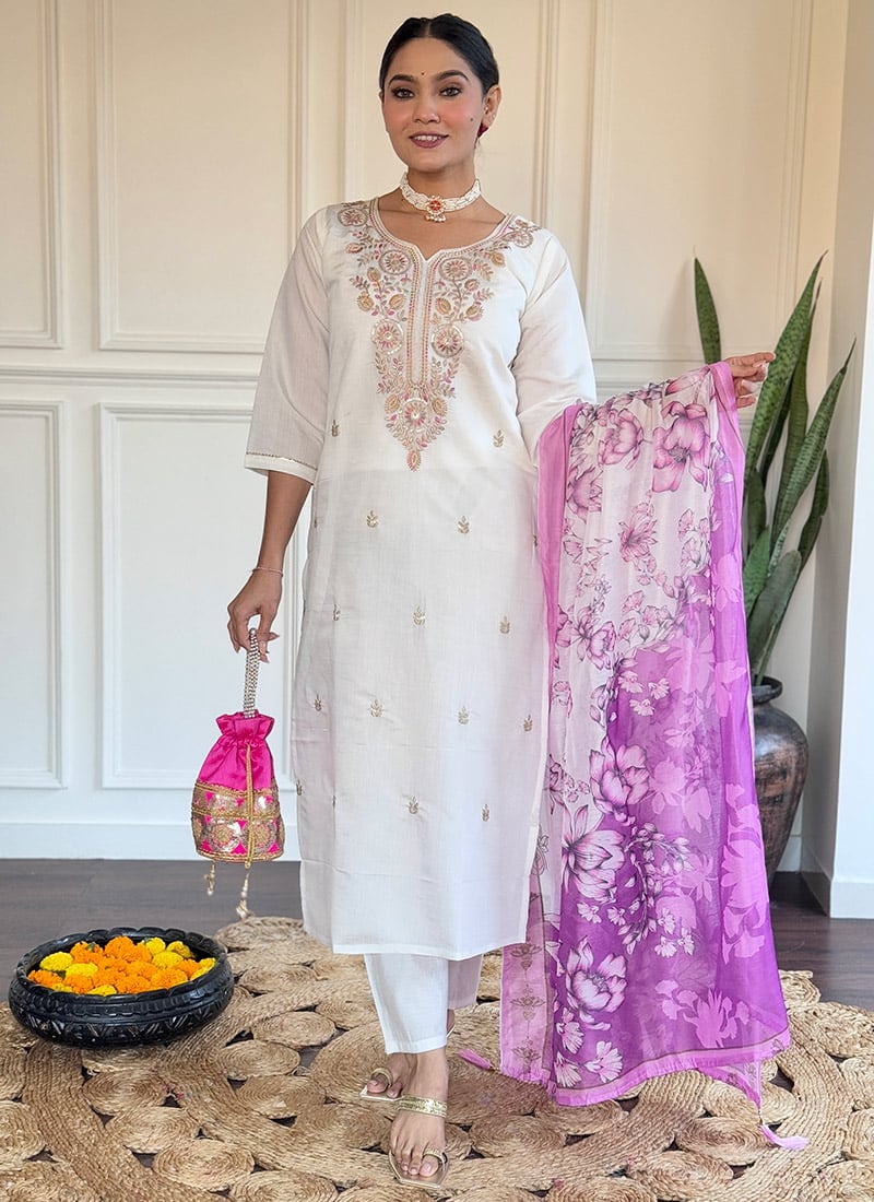 Off White Viscose Chanderi Embroidered Straight Pant Suit With Printed Dupatta
