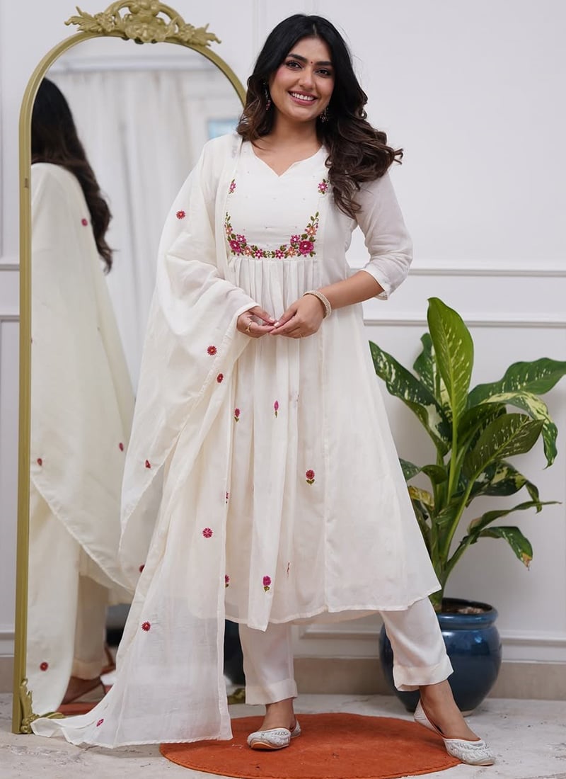 Off White Viscose Chanderi Embroidered Thread Anarkali Suit Festive Wear