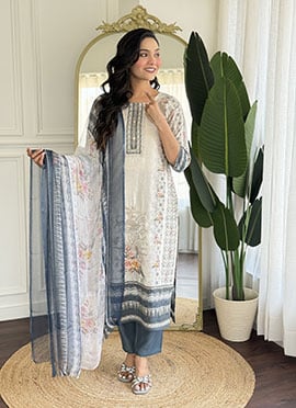 Off White Viscose Digital Print Hand Embroidered Straight Pant Suit