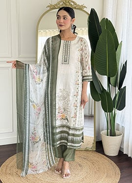 Off White Viscose Digital Print Hand Embroidered Straight Pant Suit