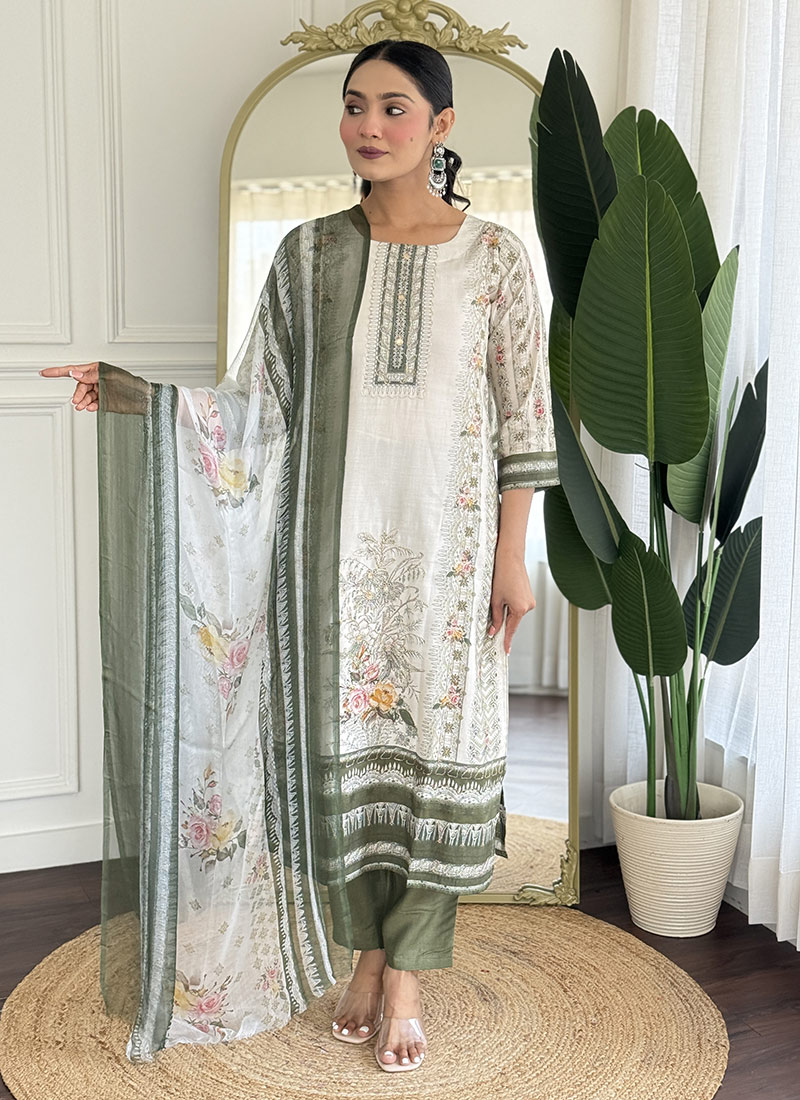 Off White Viscose Digital Print Hand Embroidered Straight Pant Suit